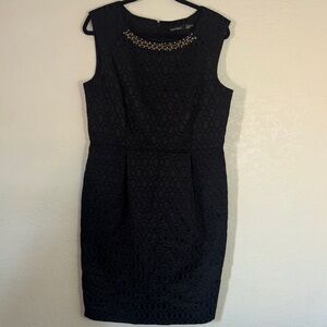 Black Textured Sheath Dress Gold Beaded Neckline